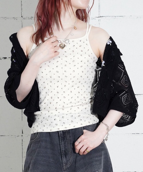 JEMORGAN（ジェーイーモーガン）の「"04"≪JEMORGAN≫パックT 針抜きフライス 花柄 キャミソール（キャミソール・レディース・ネイビー系1/ブラック系1/ピンク系1/ブルー系1・FREE）」の2枚目の写真