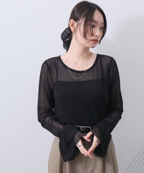 NOGLE（ノグル）の「【NOGLE/ノグル】チュールドットフリルスリーブロンT（Tシャツ/カットソー・レディース・ホワイト/グレー/ブラック/アイボリー・FREE）」の3枚目の写真
