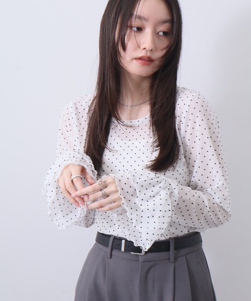 NOGLE（ノグル）の「【NOGLE/ノグル】チュールドットフリルスリーブロンT（Tシャツ/カットソー・レディース・ホワイト/グレー/ブラック/アイボリー・FREE）」の16枚目の写真