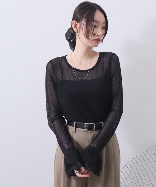 NOGLE（ノグル）の「【NOGLE/ノグル】チュールドットフリルスリーブロンT（Tシャツ/カットソー・レディース・ホワイト/グレー/ブラック/アイボリー・FREE）」の6枚目の写真