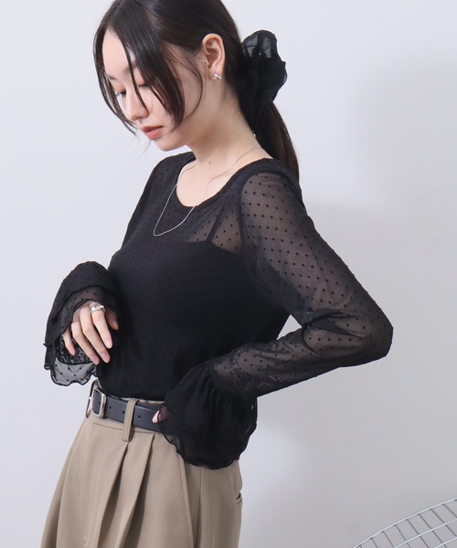 NOGLE（ノグル）の「【NOGLE/ノグル】チュールドットフリルスリーブロンT（Tシャツ/カットソー・レディース・ホワイト/グレー/ブラック/アイボリー・FREE）」の7枚目の写真