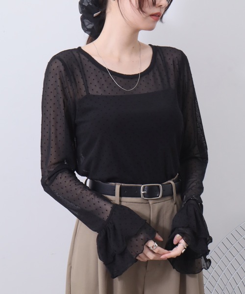 NOGLE（ノグル）の「【NOGLE/ノグル】チュールドットフリルスリーブロンT（Tシャツ/カットソー・レディース・ホワイト/グレー/ブラック/アイボリー・FREE）」の11枚目の写真