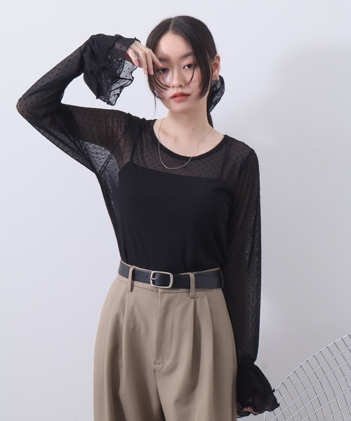 NOGLE（ノグル）の「【NOGLE/ノグル】チュールドットフリルスリーブロンT（Tシャツ/カットソー・レディース・ホワイト/グレー/ブラック/アイボリー・FREE）」の10枚目の写真