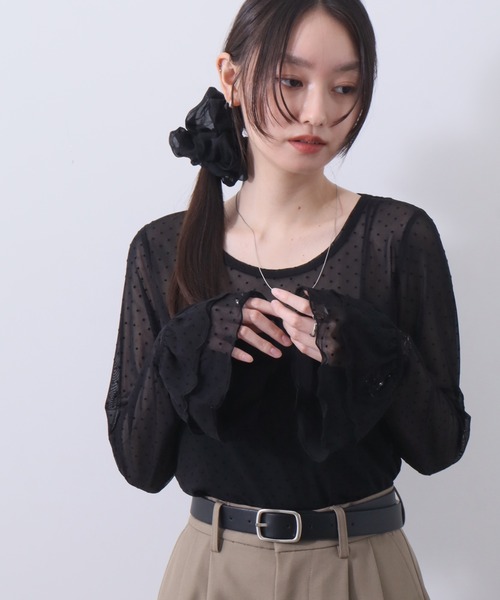 NOGLE（ノグル）の「【NOGLE/ノグル】チュールドットフリルスリーブロンT（Tシャツ/カットソー・レディース・ホワイト/グレー/ブラック/アイボリー・FREE）」の5枚目の写真