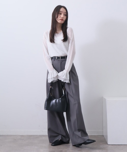 NOGLE（ノグル）の「【NOGLE/ノグル】チュールドットフリルスリーブロンT（Tシャツ/カットソー・レディース・ホワイト/グレー/ブラック/アイボリー・FREE）」の21枚目の写真