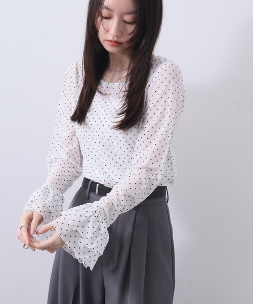 NOGLE（ノグル）の「【NOGLE/ノグル】チュールドットフリルスリーブロンT（Tシャツ/カットソー・レディース・ホワイト/グレー/ブラック/アイボリー・FREE）」の20枚目の写真