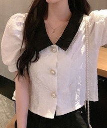 【2026春夏新作】配色ビッグカラー ジャガードパフスリーブブラウス