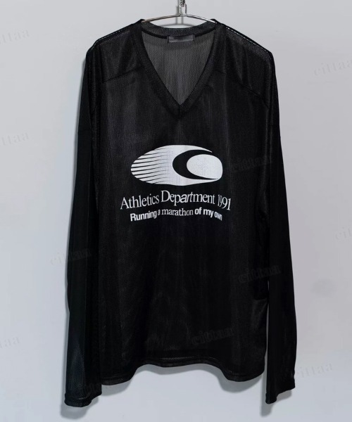 Dalfwin(ダールフィン)の「韓国ファッション AthleticsプリントメッシュVネック長袖トップス(Tシャツ/カットソー・レディース・ホワイト/ブラック/ライトブルー・FREE)」の21枚目の写真