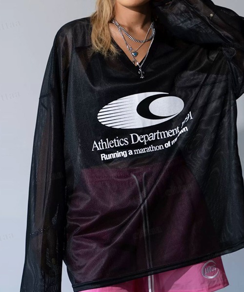 Dalfwin(ダールフィン)の「韓国ファッション AthleticsプリントメッシュVネック長袖トップス(Tシャツ/カットソー・レディース・ホワイト/ブラック/ライトブルー・FREE)」の17枚目の写真
