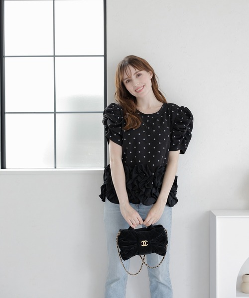 M y u(ミュー)の「ドットブルームトップス(Tシャツ/カットソー・レディース・White/Black・FREE)」の1枚目の写真
