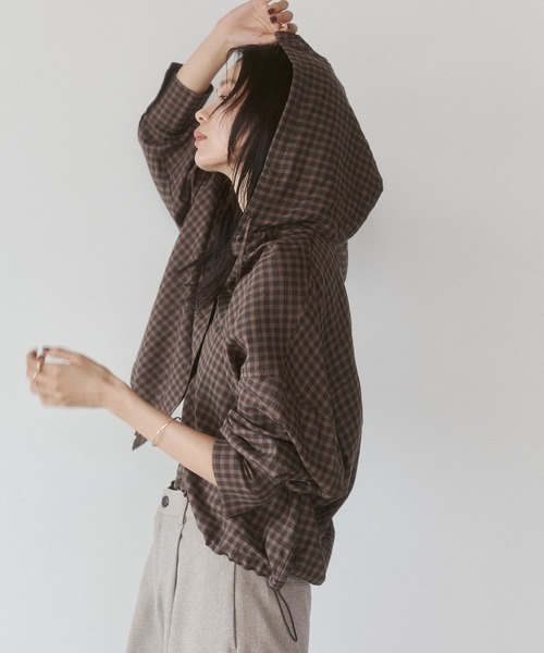 hunch(ハンチ)の「チェック柄 フーディーシャツ(シャツ/ブラウス・レディース・グレー系その他/ブラウン系その他/ブルー系その他・FREE)」の1枚目の写真