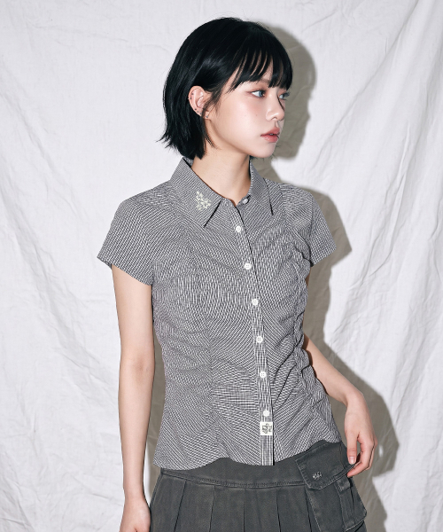 THE GREEN LAB（ザグリーンラボ）の「チェックシャーリング半袖ブラウス[ブラック]（シャツ/ブラウス・レディース・その他・FREE）」の7枚目の写真