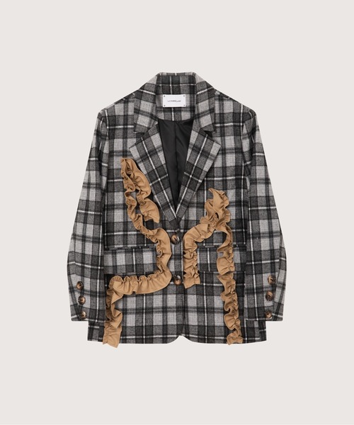 LA POMME petit(ラポミ・プチ)の「Check Frill Decorate Jacket/チェック柄フリルジャケット(テーラードジャケット・レディース・ブラウン/ブラック/ブルー・FREE)」の2枚目の写真