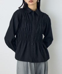 シャーリングデザイン長袖シャツ 秋服 冬服 春服 デザイントップス デザインシャツ ギャザートップス
