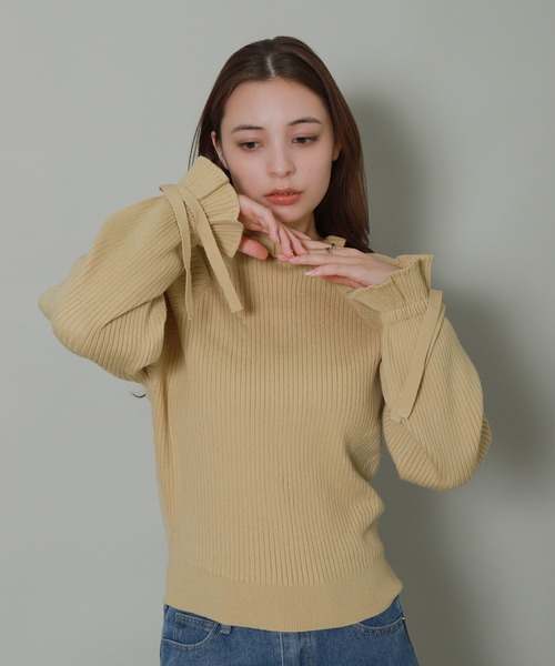 libelle more(リベル モア)の「フリル襟袖リボンニットトップス(ニット/セーター・レディース・杢グレー/オフホワイト/オリーブ/イエロー/ブラック・L/M)」の5枚目の写真