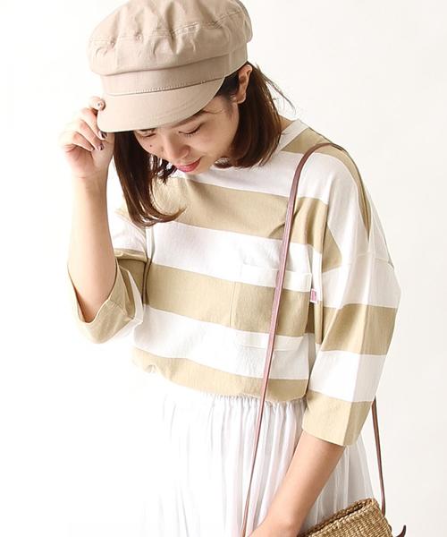 coen(コーエン)の「【新色登場・大人気・追加生産】USAコットンワイドボーダーカットソー(Tシャツ/カットソー・レディース・ブラック/ベージュ/ブラウン/ネイビー/イエロー/ダークグリーン/パープル/ナチュラル・LARGE/MEDIUM)」の4枚目の写真