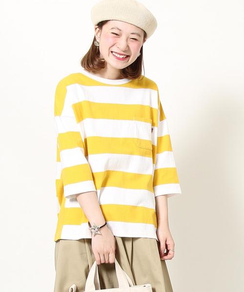 coen(コーエン)の「【新色登場・大人気・追加生産】USAコットンワイドボーダーカットソー(Tシャツ/カットソー・レディース・ブラック/ベージュ/ブラウン/ネイビー/イエロー/ダークグリーン/パープル/ナチュラル・LARGE/MEDIUM)」の8枚目の写真