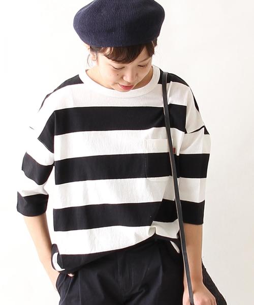 coen(コーエン)の「【新色登場・大人気・追加生産】USAコットンワイドボーダーカットソー(Tシャツ/カットソー・レディース・ブラック/ベージュ/ブラウン/ネイビー/イエロー/ダークグリーン/パープル/ナチュラル・LARGE/MEDIUM)」の2枚目の写真