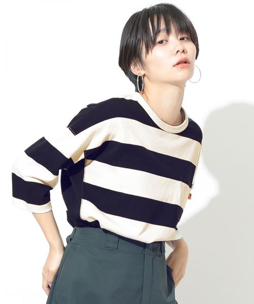 coen(コーエン)の「【新色登場・大人気・追加生産】USAコットンワイドボーダーカットソー(Tシャツ/カットソー・レディース・ブラック/ベージュ/ブラウン/ネイビー/イエロー/ダークグリーン/パープル/ナチュラル・LARGE/MEDIUM)」の13枚目の写真