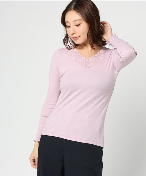 Honeys(ハニーズ)の「レース付きテレコTシャツ(Tシャツ/カットソー・レディース・オフホワイト/ピンク/ネイビー/ベージュ/ブラック/ラベンダー/サックスブルー・M/L/LL)」の6枚目の写真