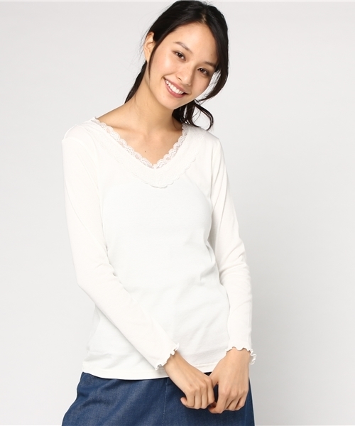 Honeys(ハニーズ)の「レース付きテレコTシャツ(Tシャツ/カットソー・レディース・オフホワイト/ピンク/ネイビー/ベージュ/ブラック/ラベンダー/サックスブルー・M/L/LL)」の2枚目の写真