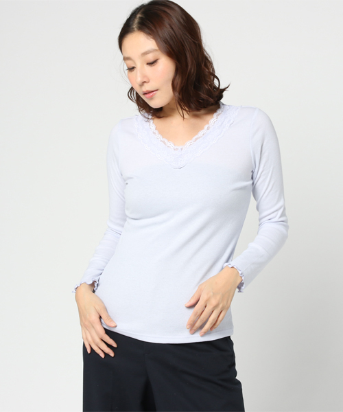 Honeys(ハニーズ)の「レース付きテレコTシャツ(Tシャツ/カットソー・レディース・オフホワイト/ピンク/ネイビー/ベージュ/ブラック/ラベンダー/サックスブルー・M/L/LL)」の5枚目の写真