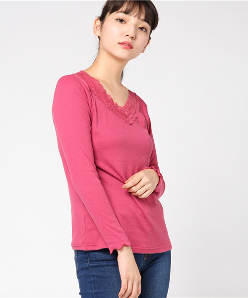 Honeys(ハニーズ)の「レース付きテレコTシャツ(Tシャツ/カットソー・レディース・オフホワイト/ピンク/ネイビー/ベージュ/ブラック/ラベンダー/サックスブルー・M/L/LL)」の7枚目の写真