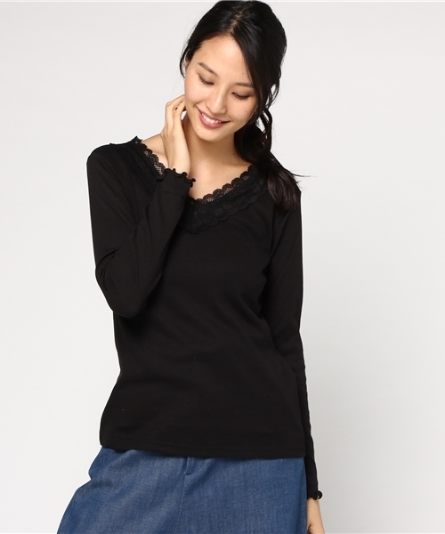 Honeys(ハニーズ)の「レース付きテレコTシャツ(Tシャツ/カットソー・レディース・オフホワイト/ピンク/ネイビー/ベージュ/ブラック/ラベンダー/サックスブルー・M/L/LL)」の1枚目の写真