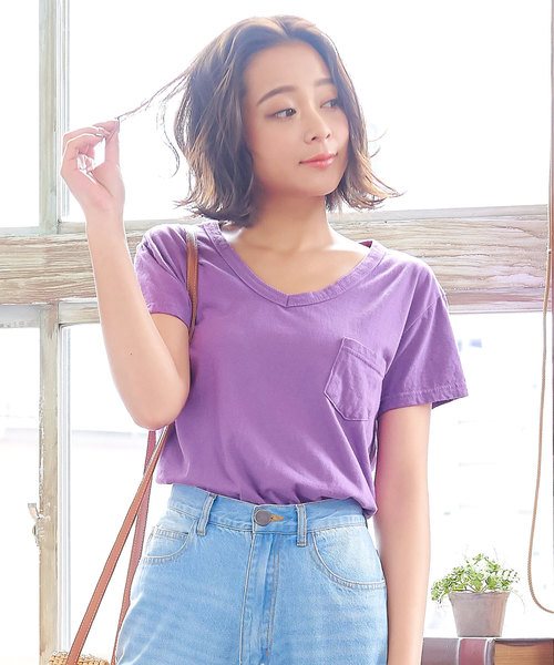 KOBE LETTUCE(コウベレタス)の「ポケット付きウォッシュ加工半袖Tシャツ(Tシャツ/カットソー・レディース・ブラック/パープル/オフホワイト/オリーブ/コーラルピンク・FREE)」の4枚目の写真