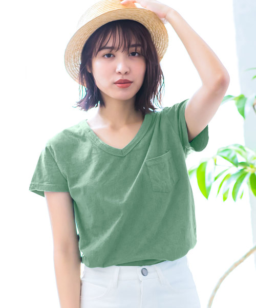 KOBE LETTUCE(コウベレタス)の「ポケット付きウォッシュ加工半袖Tシャツ(Tシャツ/カットソー・レディース・ブラック/パープル/オフホワイト/オリーブ/コーラルピンク・FREE)」の3枚目の写真
