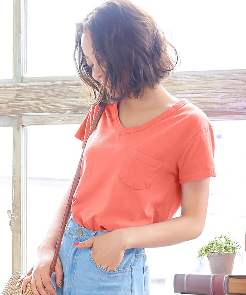 KOBE LETTUCE(コウベレタス)の「ポケット付きウォッシュ加工半袖Tシャツ(Tシャツ/カットソー・レディース・ブラック/パープル/オフホワイト/オリーブ/コーラルピンク・FREE)」の5枚目の写真