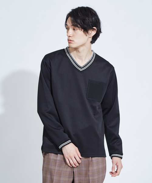 ABAHOUSE(アバハウス)の「【WEARISTA とっしーコラボ】ステッチ Vネック ロング Tシャツ(Tシャツ/カットソー・メンズ・ホワイト/ブラック・46/48/50)」の2枚目の写真