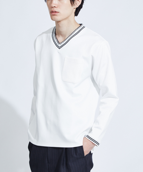 ABAHOUSE(アバハウス)の「【WEARISTA とっしーコラボ】ステッチ Vネック ロング Tシャツ(Tシャツ/カットソー・メンズ・ホワイト/ブラック・46/48/50)」の16枚目の写真