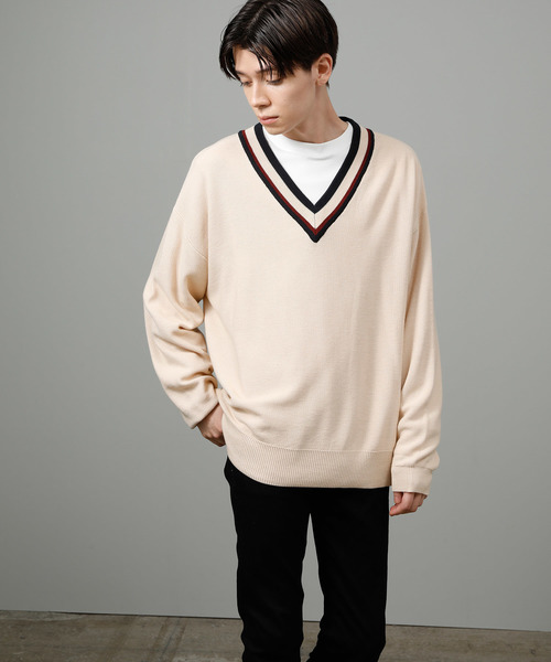 JUNRED（ジュンレッド）の「チルデンVネックビッグニット（ニット/セーター・メンズ・ベージュ/ネイビー・M/L）」の5枚目の写真