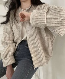 リブ編みゆったりジップカーディガン