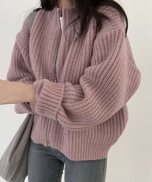 Girly Doll(ガーリードール)の「リブ編みゆったりジップカーディガン(カーディガン/ボレロ・レディース・ベージュ/パープル/グレー/ブラック/モカ/グリーン/ブルー・FREE)」の1枚目の写真