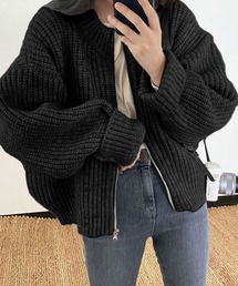 リブ編みゆったりジップカーディガン