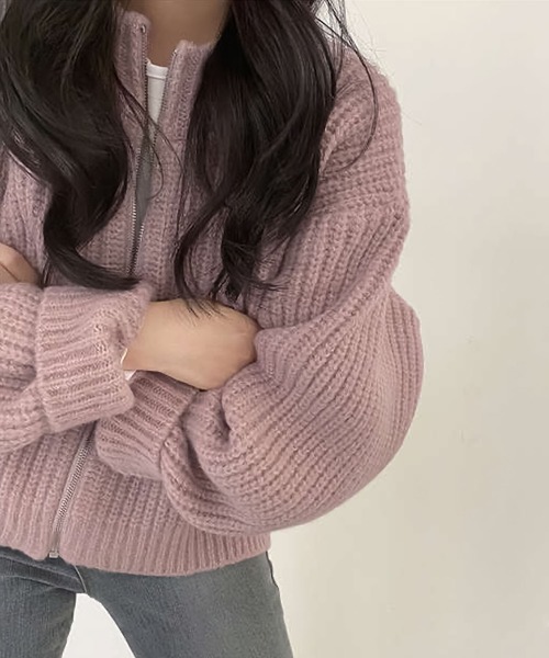 Girly Doll(ガーリードール)の「リブ編みゆったりジップカーディガン(カーディガン/ボレロ・レディース・ベージュ/パープル/グレー/ブラック/モカ/グリーン/ブルー・FREE)」の19枚目の写真
