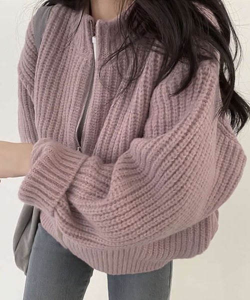 Girly Doll(ガーリードール)の「リブ編みゆったりジップカーディガン(カーディガン/ボレロ・レディース・ベージュ/パープル/グレー/ブラック/モカ/グリーン/ブルー・FREE)」の20枚目の写真