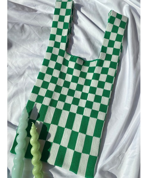 WC(ダブル シー)の「フラッグチェックニットトート(トートバッグ・レディース・ブラック/グリーン・FREE)」の1枚目の写真
