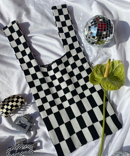 WC(ダブル シー)の「フラッグチェックニットトート(トートバッグ・レディース・ブラック/グリーン・FREE)」の3枚目の写真