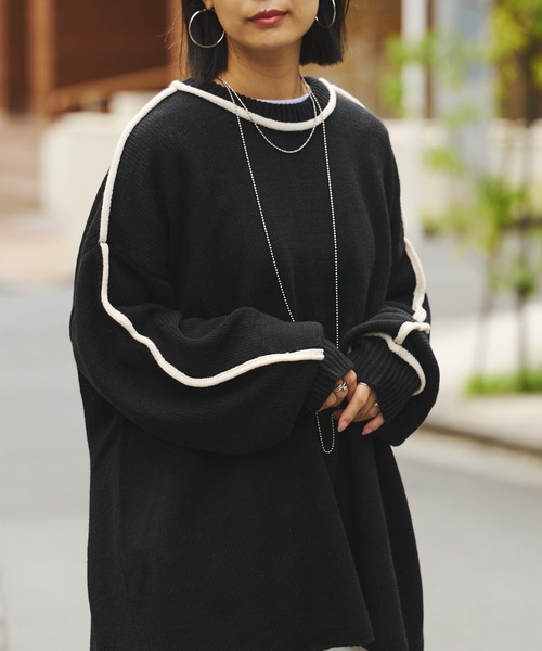 BONbazaar（ボンバザール）の「《ロールラインがアクセント》天竺編み配色ロールラインニット（ニット/セーター・レディース・ホワイト系その他/ブラック・FREE）」の2枚目の写真