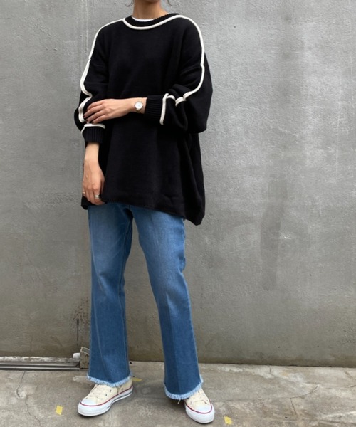 BONbazaar（ボンバザール）の「《ロールラインがアクセント》天竺編み配色ロールラインニット（ニット/セーター・レディース・ホワイト系その他/ブラック・FREE）」の6枚目の写真