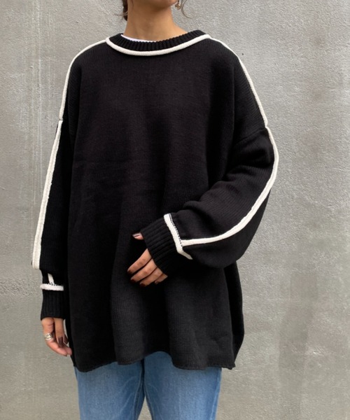 BONbazaar（ボンバザール）の「《ロールラインがアクセント》天竺編み配色ロールラインニット（ニット/セーター・レディース・ホワイト系その他/ブラック・FREE）」の11枚目の写真