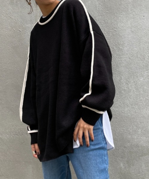 BONbazaar（ボンバザール）の「《ロールラインがアクセント》天竺編み配色ロールラインニット（ニット/セーター・レディース・ホワイト系その他/ブラック・FREE）」の12枚目の写真