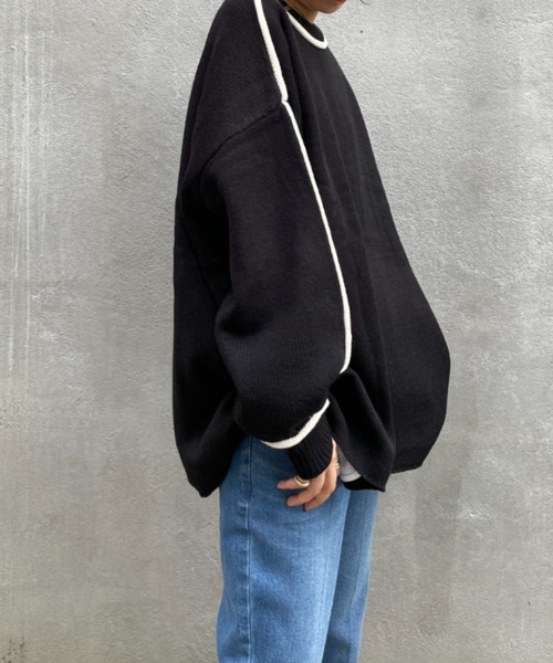 BONbazaar（ボンバザール）の「《ロールラインがアクセント》天竺編み配色ロールラインニット（ニット/セーター・レディース・ホワイト系その他/ブラック・FREE）」の13枚目の写真