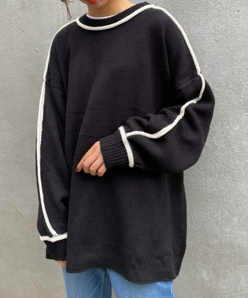 BONbazaar（ボンバザール）の「《ロールラインがアクセント》天竺編み配色ロールラインニット（ニット/セーター・レディース・ホワイト系その他/ブラック・FREE）」の17枚目の写真