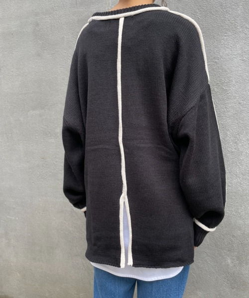 BONbazaar（ボンバザール）の「《ロールラインがアクセント》天竺編み配色ロールラインニット（ニット/セーター・レディース・ホワイト系その他/ブラック・FREE）」の22枚目の写真