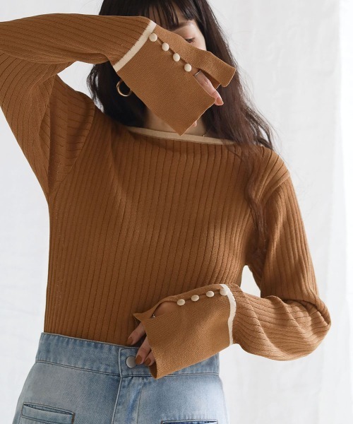 Bab(バブ)の「パイピング袖スリットニットトップス(ニット/セーター・レディース・ブラック/ブラウン/グリーン/アイボリー・FREE)」の6枚目の写真