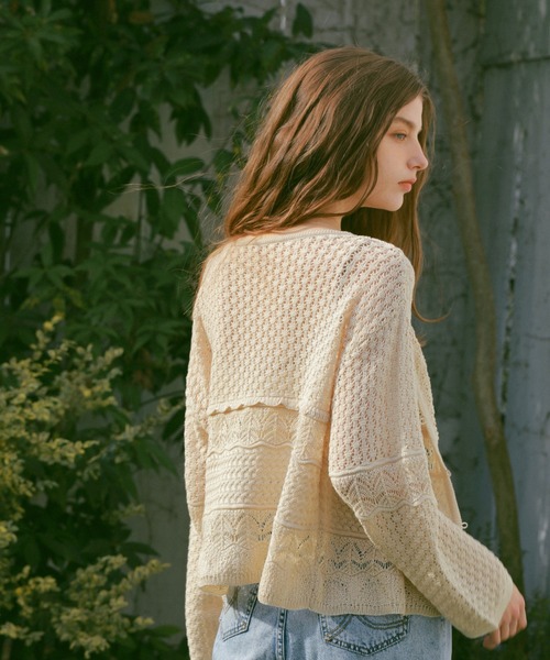 レース編みクリーム色カーディガン クロシェ編みロングスリーブカーディガン レーストップス カーディガン
